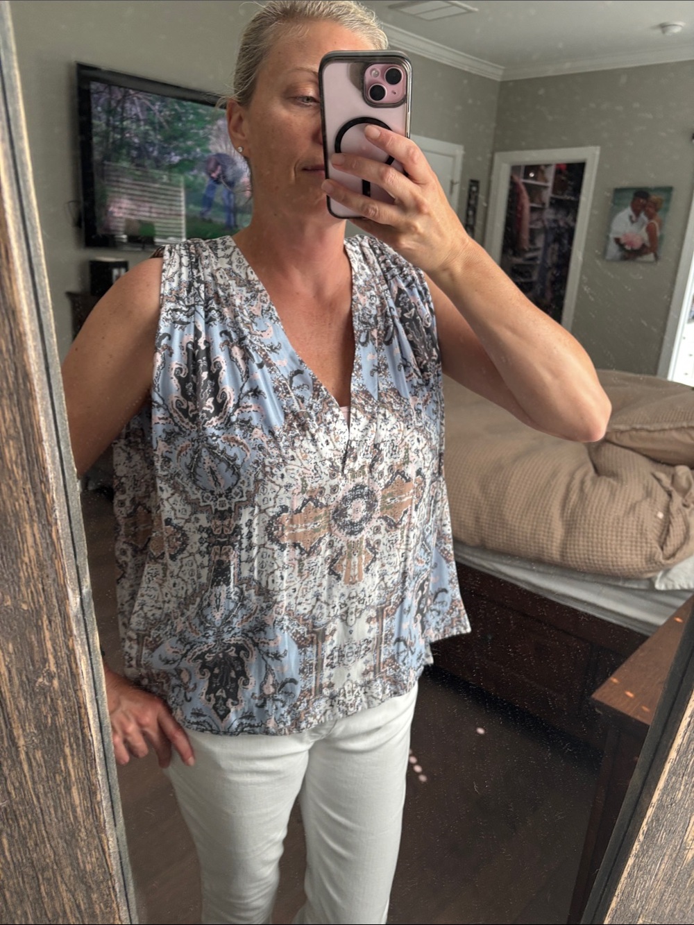 Free People Sleeveless Paisley V-Neck Camisole in Light Blue and Cream